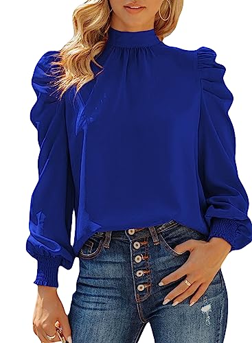 Dokotoo Damen Bluse Elegant Business Chiffon Blusenshirt Einfarbig Stehkragen Puffärmel Oberteil Tops, himmelblau, XXL von Dokotoo