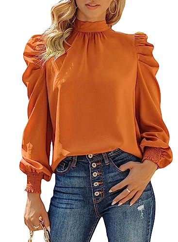 Dokotoo Damen Bluse Elegant Business Chiffon Blusenshirt Einfarbig Stehkragen Puffärmel Oberteil Tops, orange, XXL von Dokotoo