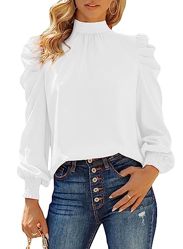 Dokotoo Damen Bluse Elegant Business Chiffon Blusenshirt Einfarbig Stehkragen Puffärmel Oberteil Tops, weiß, XXL von Dokotoo