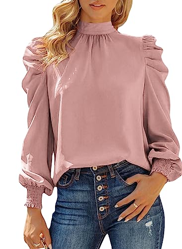 Dokotoo Damen Bluse Elegant Business Chiffonbluse Einfarbig Stehkragen Langarmshirt Oberteil Tops, rosa, XL von Dokotoo