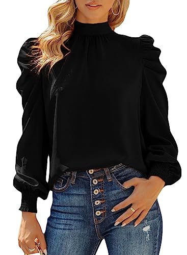 Dokotoo Damen Bluse Elegant Business Chiffonbluse Einfarbig Stehkragen Langarmshirt Oberteil Tops, schwarz, XL von Dokotoo