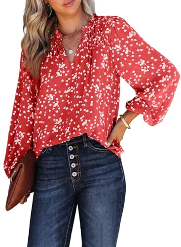 Dokotoo Damen Bluse Elegant Chiffonbluse Boho Blumen Langarm Tunika V-Ausschnitt Locker Oberteile Shirts Tops, rot, ​L von Dokotoo