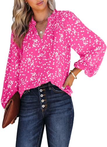 Dokotoo Damen Bluse Elegant Hemdbluse Blumen Chiffon Tunika V-Ausschnitt Langarm Locker Oberteile Shirts Tops, rosa, ​S von Dokotoo