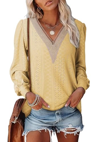 Dokotoo Damen Bluse Elegant Spitzen V Ausschnitt Langarm Oberteile Boho Frühling Sommer Tunika Shirt Tops, gelb, L von Dokotoo