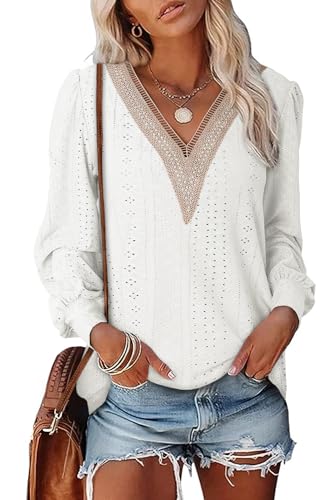 Dokotoo Damen Bluse Elegant Spitzen V Ausschnitt Langarm Oberteile Boho Frühling Sommer Tunika Shirt Tops, weiß, L von Dokotoo