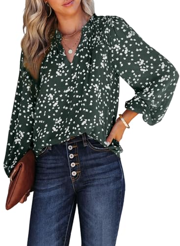Dokotoo Damen Bluse Elegant V-Ausschnitt Chiffon Tunika Boho Blumen Blusenshirt Langarm Locker Oberteile Shirts Tops, grün, ​XL von Dokotoo