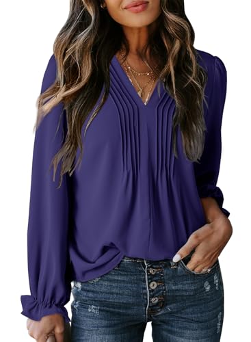 Dokotoo Damen Bluse Elegant V-Ausschnitt Hemdbluse Casual Business Blusenshirt Langarm Locker Oberteile Tunika Hemd, blau, L von Dokotoo
