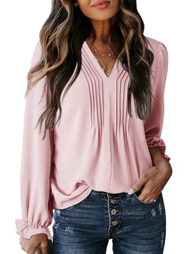 Dokotoo Damen Bluse Elegant V-Ausschnitt Hemdbluse Casual Business Blusenshirt Langarm Locker Oberteile Tunika Hemd, rosa, L von Dokotoo