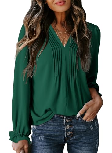 Dokotoo Damen Bluse Elegant V-Ausschnitt Hemdbluse Casual Business Blusenshirt Langarm Locker Oberteile Tunika Tops, grün, M von Dokotoo