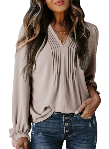 Dokotoo Damen Bluse Elegant V-Ausschnitt Hemdbluse Langarm Falten Tunika Casual Business Locker Oberteile Blusenshirt Hemd, grau, S von Dokotoo