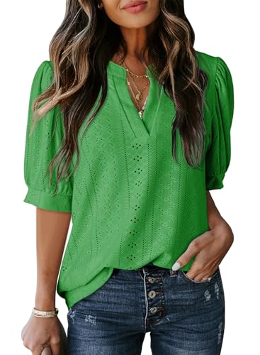 Dokotoo Damen Bluse Elegant V-Ausschnitt Kurzarm Hemdbluse Sommer Hohle Spitzen T-Shirt Business Casual Oberteile Shirt Hemd, hellgrün, S Dokotoo Damen Bluse Elegant V-Ausschnitt Kurzarm Hemdbluse Sommer Hohle Spitzen T-Shirt Business Casual Oberteile Shirt Hemd, hellgrün, S von Dokotoo