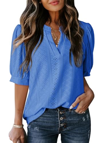 Dokotoo Damen Bluse Elegant V-Ausschnitt Kurzarm Hemdbluse Sommer Hohle Spitzen T-Shirt Business Casual Oberteile Shirt Sommerbluse, blau, XL Dokotoo Damen Bluse Elegant V-Ausschnitt Kurzarm Hemdbluse Sommer Hohle Spitzen T-Shirt Business Casual Oberteile Shirt Sommerbluse, blau, XL von Dokotoo