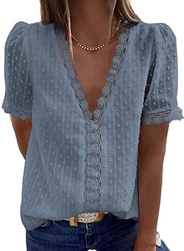 Dokotoo Damen Bluse Grau Spitze Shirts Tops Elegant Sommer V-Ausschnitt Kurzarm Oberteile Tunika Large Dokotoo Damen Bluse Grau Spitze Shirts Tops Elegant Sommer V-Ausschnitt Kurzarm Oberteile Tunika Large von Dokotoo