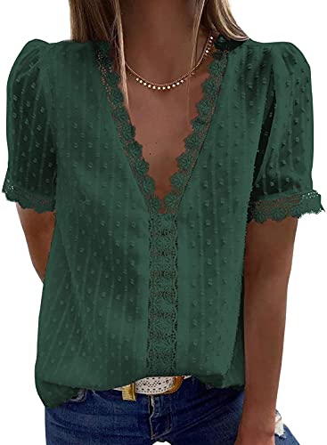 Dokotoo Damen Bluse Grün Boho Spitze T-Shirt Tops Elegant Frühling Sommer V-Ausschnitt Oberteile Tunika Large von Dokotoo