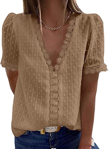 Dokotoo Damen Bluse Khaki Spitze Shirts Tops Elegant Sommer V-Ausschnitt Kurzarm Oberteile Tunika Small von Dokotoo