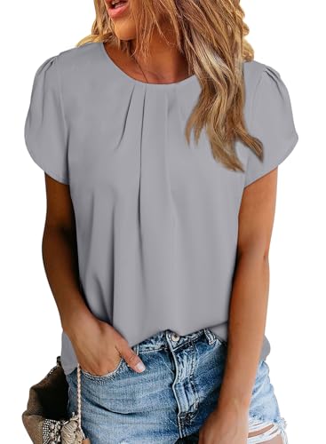 Dokotoo Damen Bluse Kurzarm Falten Tunika Elegant Chiffon Blusenshirt Sommer Rundhals Lose Oberteile Shirts Top, hellgrau, L Dokotoo Damen Bluse Kurzarm Falten Tunika Elegant Chiffon Blusenshirt Sommer Rundhals Lose Oberteile Shirts Top, hellgrau, L von Dokotoo