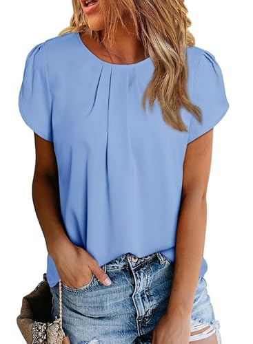 Dokotoo Damen Bluse Kurzarm Falten Tunika Elegant Chiffon Blusenshirt Sommer Rundhals Lose Oberteile Shirts Top, himmelblau, L von Dokotoo