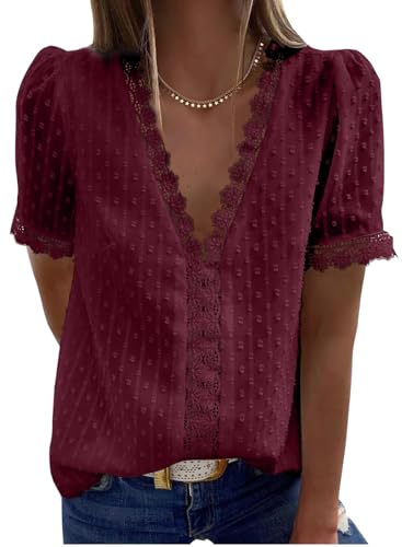 Dokotoo Damen Bluse Rot Spitze Shirts Tops Elegant Sommer V-Ausschnitt Kurzarm Oberteile Tunika X-Large Dokotoo Damen Bluse Rot Spitze Shirts Tops Elegant Sommer V-Ausschnitt Kurzarm Oberteile Tunika X-Large von Dokotoo