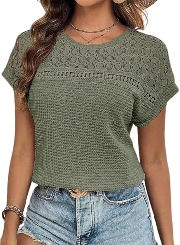 Dokotoo Damen Bluse Rundhals Flügelärmel T-Shirt Sommer Spitzen Kurzarm Oberteile Casual Lose Blusenshirt Shirts Tops, moosgrün, XXL Dokotoo Damen Bluse Rundhals Flügelärmel T-Shirt Sommer Spitzen Kurzarm Oberteile Casual Lose Blusenshirt Shirts Tops, moosgrün, XXL von Dokotoo