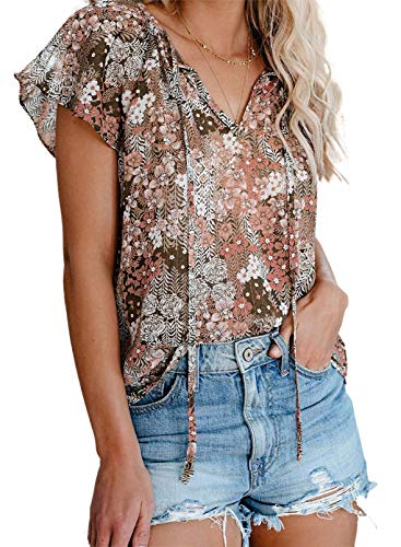 Dokotoo Damen Bluse Sommer Blumen Kurzarm Tunika Boho Lose V-Ausschnitt Oberteile T-Shirt Tops, Khaki, S Dokotoo Damen Bluse Sommer Blumen Kurzarm Tunika Boho Lose V-Ausschnitt Oberteile T-Shirt Tops, Khaki, S von Dokotoo