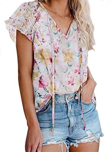 Dokotoo Damen Bluse Sommer Blumen Kurzarm Tunika Boho Lose V-Ausschnitt Oberteile T-Shirt Tops, rosa, L von Dokotoo