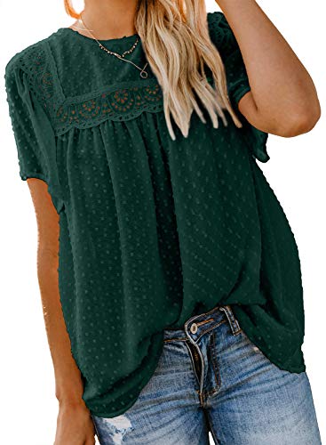 Dokotoo Damen Bluse Sommer Kurzarm Oberteile Spitzen Aushöhlen T-Shirt Elegant Rundhals Swiss Dot Chiffonblusen Shirts Tops, grün, M von Dokotoo