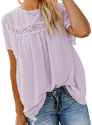 Dokotoo Damen Bluse Sommer Kurzarm Oberteile Spitzen Aushöhlen T-Shirt Elegant Rundhals Swiss Dot Chiffonblusen Shirts Tops, lila, M von Dokotoo