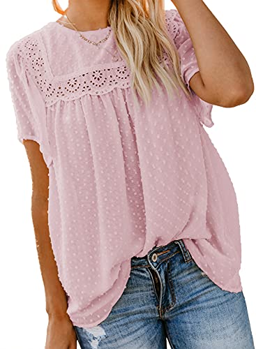 Dokotoo Damen Bluse Sommer Kurzarm Oberteile Spitzen Aushöhlen T-Shirt Elegant Rundhals Swiss Dot Chiffonblusen Shirts Tops, rosa, L von Dokotoo