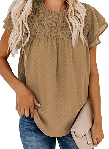 Dokotoo Damen Bluse Sommer Casual Rundhals T-Shirt Elegant Swiss Dot Kurzarm Oberteile Shirts Tunika mit Rüschen, Khaki, M von Dokotoo