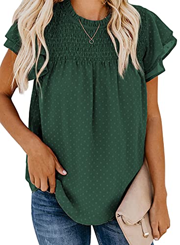 Dokotoo Damen Bluse Sommer Casual Rundhals T-Shirt Elegant Swiss Dot Kurzarm Oberteile Shirts Tunika mit Rüschen, grün, L von Dokotoo