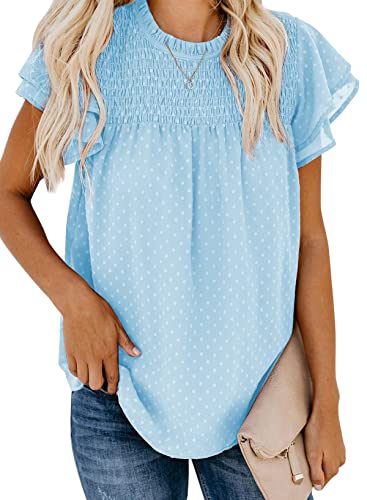 Dokotoo Damen Bluse Sommer Casual Rundhals T-Shirt Elegant Swiss Dot Kurzarm Oberteile Shirts Tunika mit Rüschen, himmelblau, L von Dokotoo