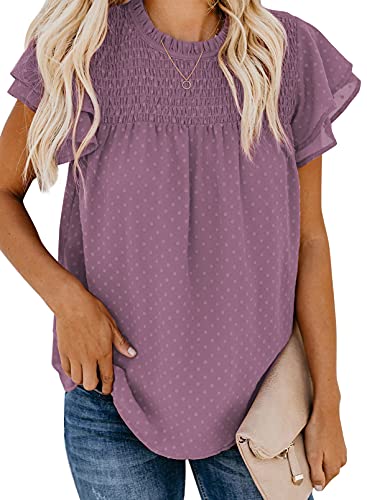 Dokotoo Damen Bluse Sommer Casual Rundhals T-Shirt Elegant Swiss Dot Kurzarm Oberteile Shirts Tunika mit Rüschen, lila, S von Dokotoo