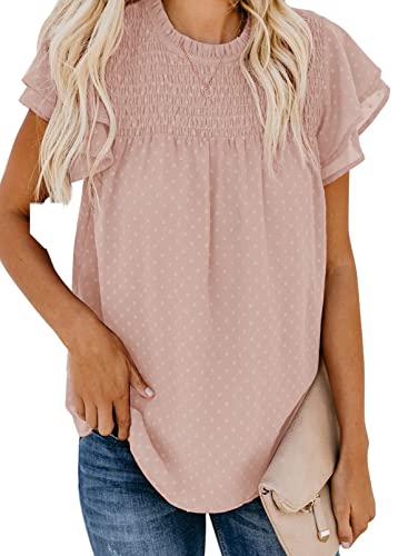 Dokotoo Damen Bluse Sommer Casual Rundhals T-Shirt Elegant Swiss Dot Kurzarm Oberteile Shirts Tunika mit Rüschen, rosa, L von Dokotoo