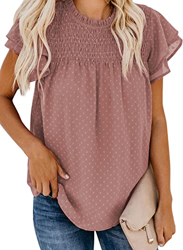 Dokotoo Damen Bluse Sommer Casual Rundhals T-Shirt Elegant Swiss Dot Kurzarm Oberteile Shirts Tunika mit Rüschen, rot, L von Dokotoo