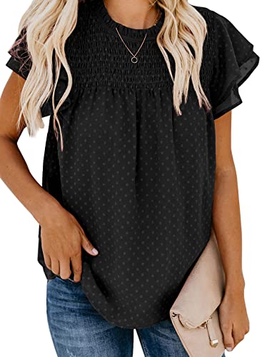 Dokotoo Damen Bluse Sommer Casual Rundhals T-Shirt Elegant Swiss Dot Kurzarm Oberteile Shirts Tunika mit Rüschen, schwarz, L von Dokotoo