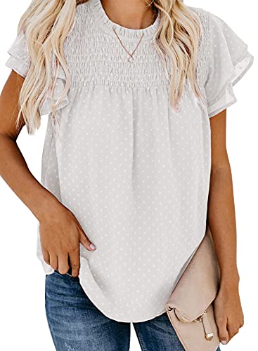 Dokotoo Damen Bluse Sommer Casual Rundhals T-Shirt Elegant Swiss Dot Kurzarm Oberteile Shirts Tunika mit Rüschen, weiß, L von Dokotoo