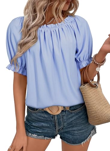 Dokotoo Damen Bluse Sommer Chiffon Tunika Kurzarm Falten Blusenshirt Elegant Rundhals Puffärmel Oberteile T Shirts Top, blau, XL Dokotoo Damen Bluse Sommer Chiffon Tunika Kurzarm Falten Blusenshirt Elegant Rundhals Puffärmel Oberteile T Shirts Top, blau, XL von Dokotoo