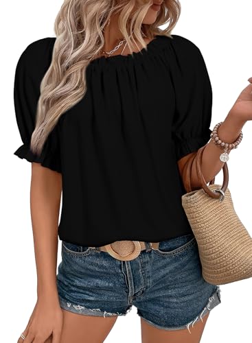 Dokotoo Damen Bluse Sommer Chiffon Tunika Kurzarm Falten Blusenshirt Elegant Rundhals Puffärmel Oberteile T Shirts Top, schwarz, M von Dokotoo