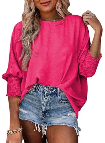 Dokotoo Damen Bluse Sommer Kurzarm Musselin Tunika Shirt Casual Rundhals Puffärmel Lose Oberteile Longshirt Tops, Rose, M von Dokotoo