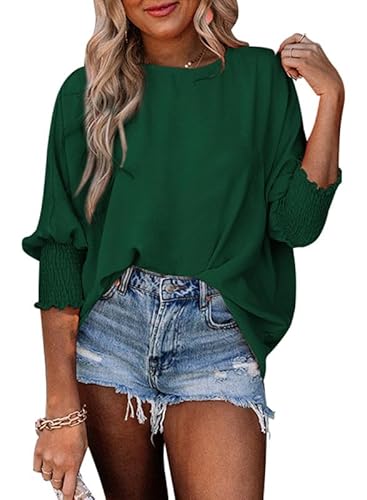 Dokotoo Damen Bluse Sommer Kurzarm Musselin Tunika Shirt Casual Rundhals Puffärmel Lose Oberteile Longshirt Tops, grün, M von Dokotoo