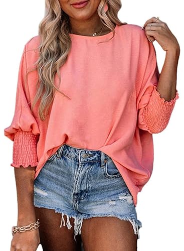 Dokotoo Damen Bluse Sommer Kurzarm Musselin Tunika Shirt Casual Rundhals Puffärmel Lose Oberteile Longshirt Tops, grün, M von Dokotoo