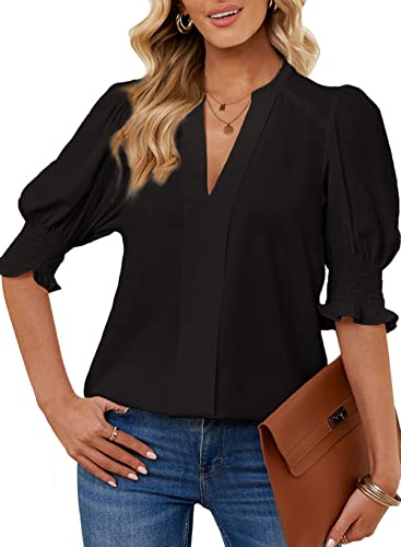 Dokotoo Damen Bluse Sommer Kurzarm Oberteil Elegant V-Ausschnitt Puffärmel Blusenshirt Einfarbig Locker Tunika T-Shirt Tops, schwarz, XL von Dokotoo