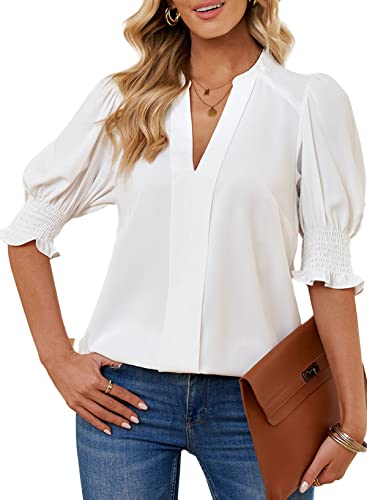 Dokotoo Damen Bluse Sommer Kurzarm Oberteile Elegant V-Ausschnitt Puffärmel Chiffonbluse Einfarbig Locker Tunika Shirt Tops, weiß, S von Dokotoo