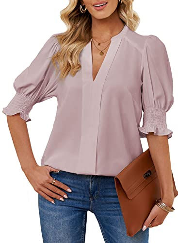 Dokotoo Damen Bluse Sommer Kurzarm Oberteile Elegant V-Ausschnitt Puffärmel Chiffonbluse Einfarbig Locker Tunika Shirts Tops, rosa, M von Dokotoo