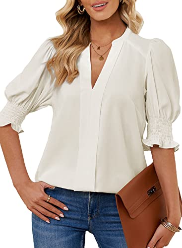 Dokotoo Damen Bluse Sommer Kurzarm Oberteile Elegant V-Ausschnitt Puffärmel Chiffonbluse Einfarbig Locker Tunika T-Shirt Tops, Aprikose, XL von Dokotoo