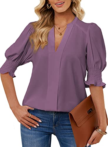 Dokotoo Damen Bluse Sommer Kurzarm Oberteile Elegant V-Ausschnitt Puffärmel Hemd Casual Arbeit Tunika Shirt Tops, violett, S von Dokotoo