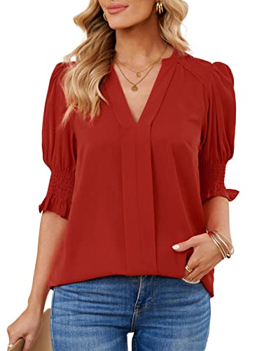 Dokotoo Damen Bluse Sommer Kurzarm Oberteile Elegant V-Ausschnitt Puffärmel Hemdbluse Einfarbig Locker Tunika Shirts Tops, rot, M von Dokotoo