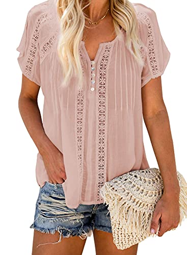 Dokotoo Damen Bluse Sommer Kurzarm Oberteile Rosa Spitzen Aushöhlen T-Shirt Casual V-Ausschnitt Shirts Tops X-Large von Dokotoo