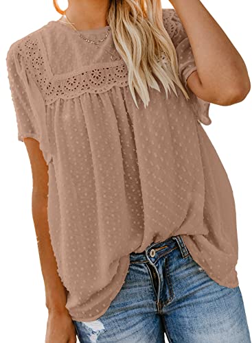 Dokotoo Damen Bluse Sommer Kurzarm Oberteile Spitzen Aushöhlen T-Shirt Elegant Rundhals Swiss Dot Chiffonblusen Shirts Tops, Khaki, S von Dokotoo