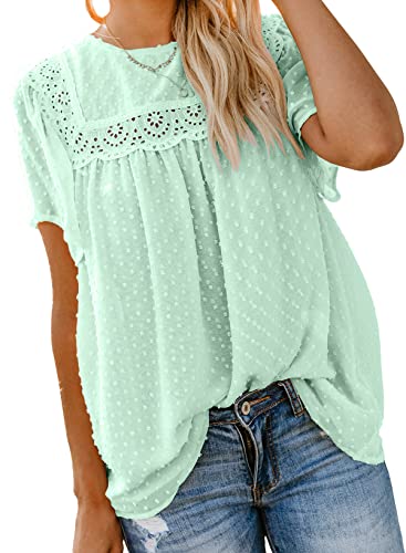 Dokotoo Damen Bluse Sommer Kurzarm Oberteile Spitzen Aushöhlen T-Shirt Elegant Rundhals Swiss Dot Chiffonblusen Shirts Tops, hellgrün, S von Dokotoo